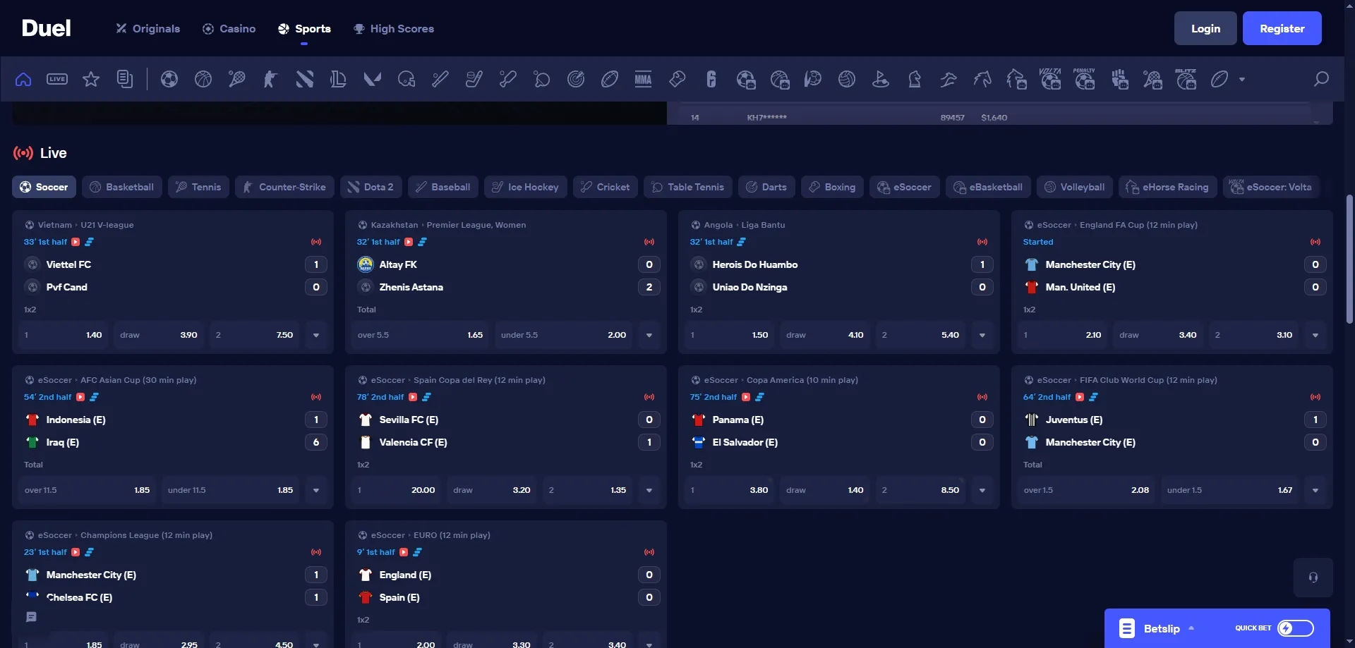 Apuestas deportivas en Duel Casino — más de 50 deportes disponibles